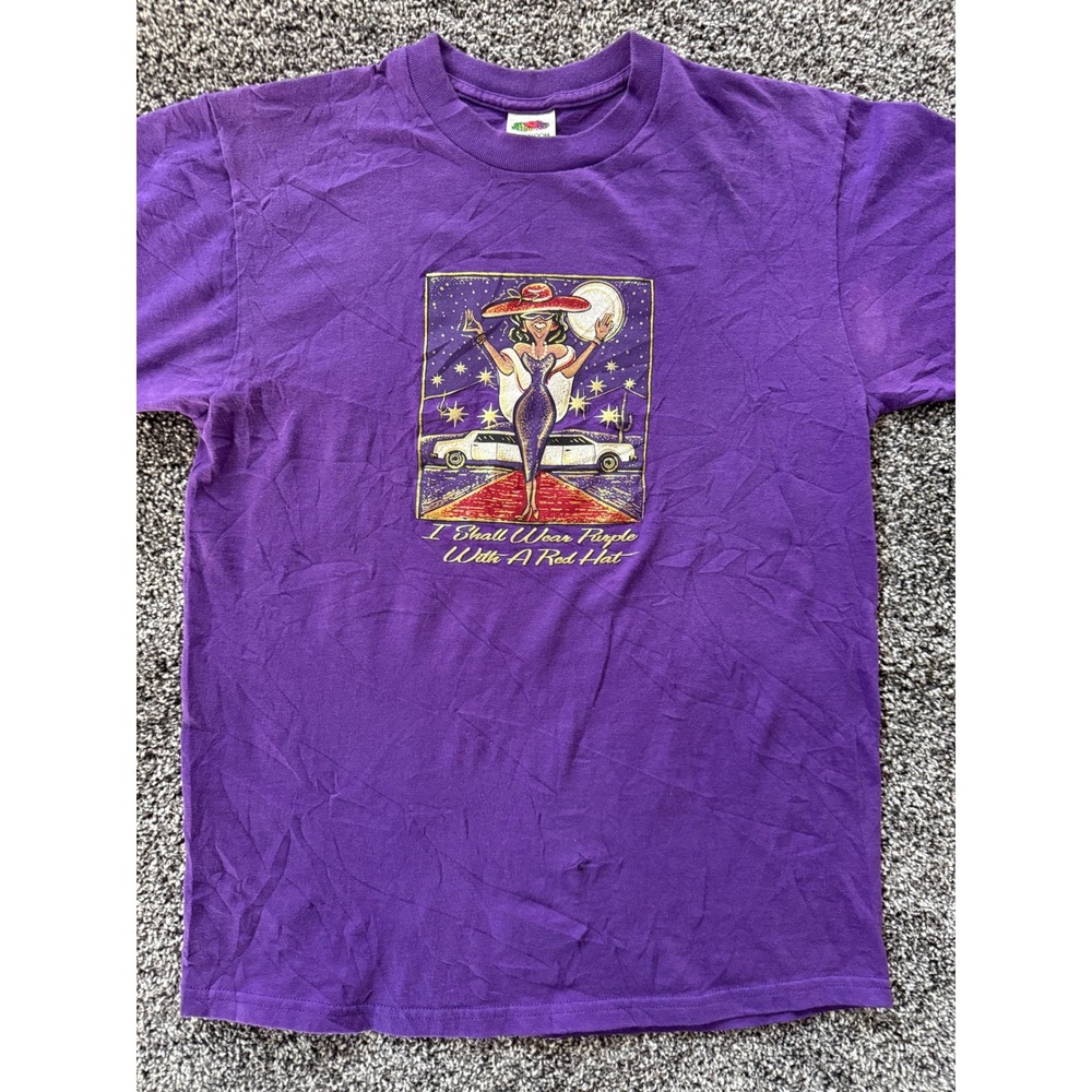 Vintage Fruit of the Loom Purple Red Hat Society T-Shirt Y2K Graphic Tee Medium